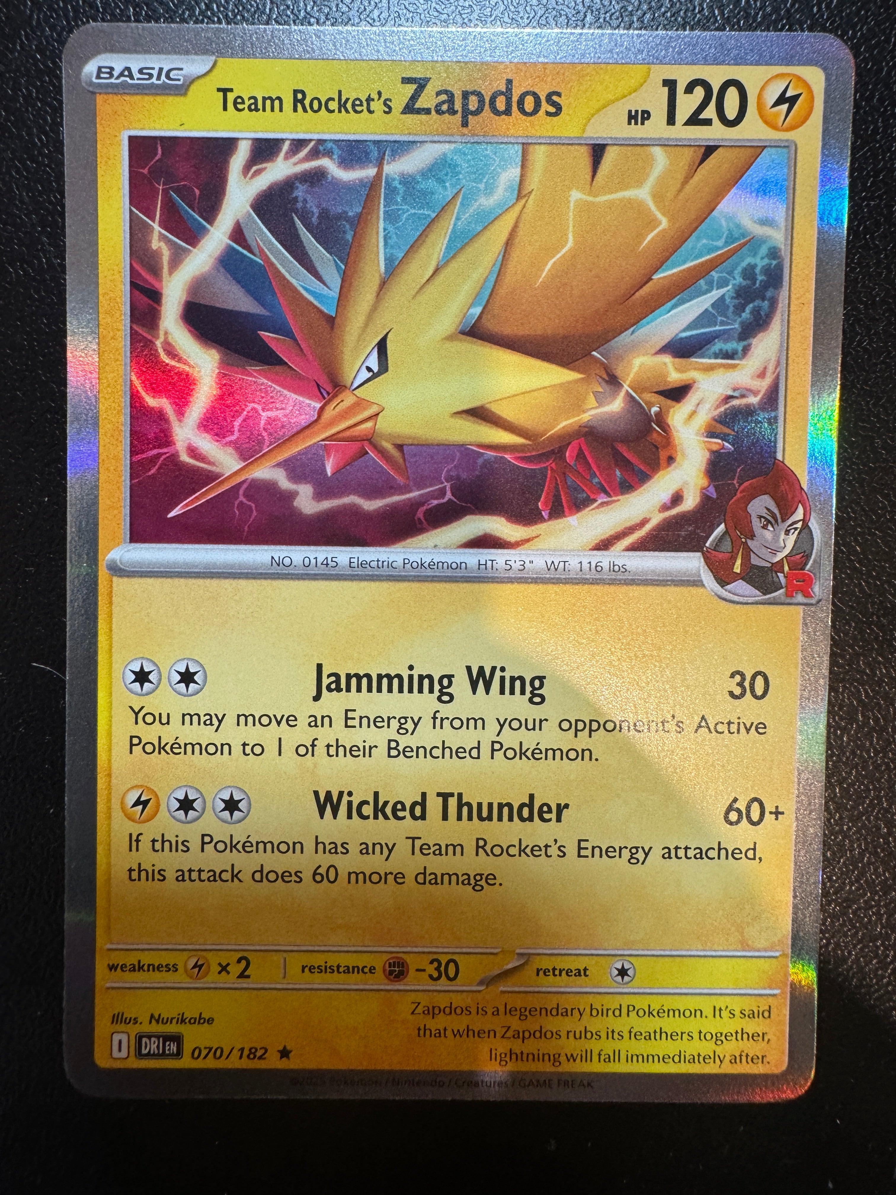 Pokémon Team Rocket’s Zapdos 070/182 Holo Rare – Destined Rivals NM